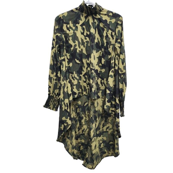 True Destiny Tops - True Destiny BOHO Forest Fairy Top Large Green Camo Hi Low Mock Neck Casual